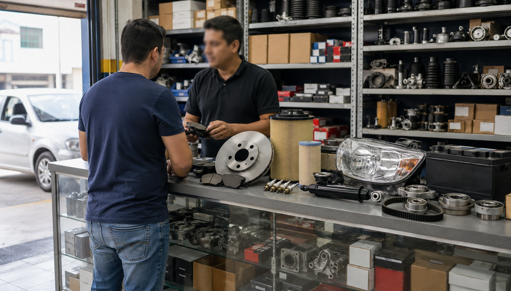 Personas consultan compatibilidades y repuestos automotrices en una experiencia asistida.